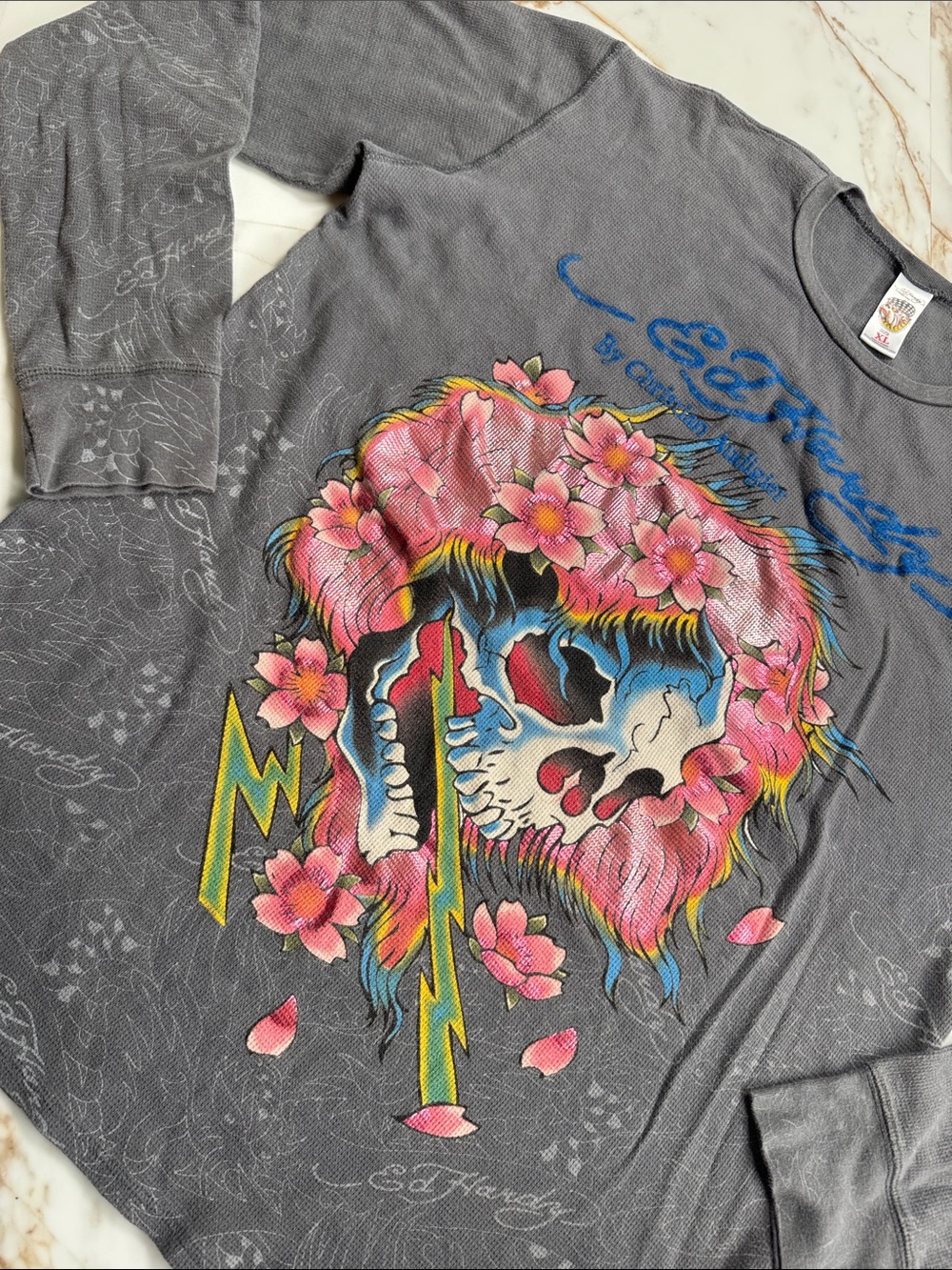 Y2K Ed Hardy Longsleeve Thermal all over print Christian Audigier Tattoo Sz XL